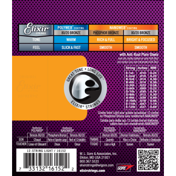 ELIXIR NANOWEB ACOUSTIC GUITAR STRINGS PHOSPHOR BRONZE 10-47 12-STRING LIGHT - struny gitarowe